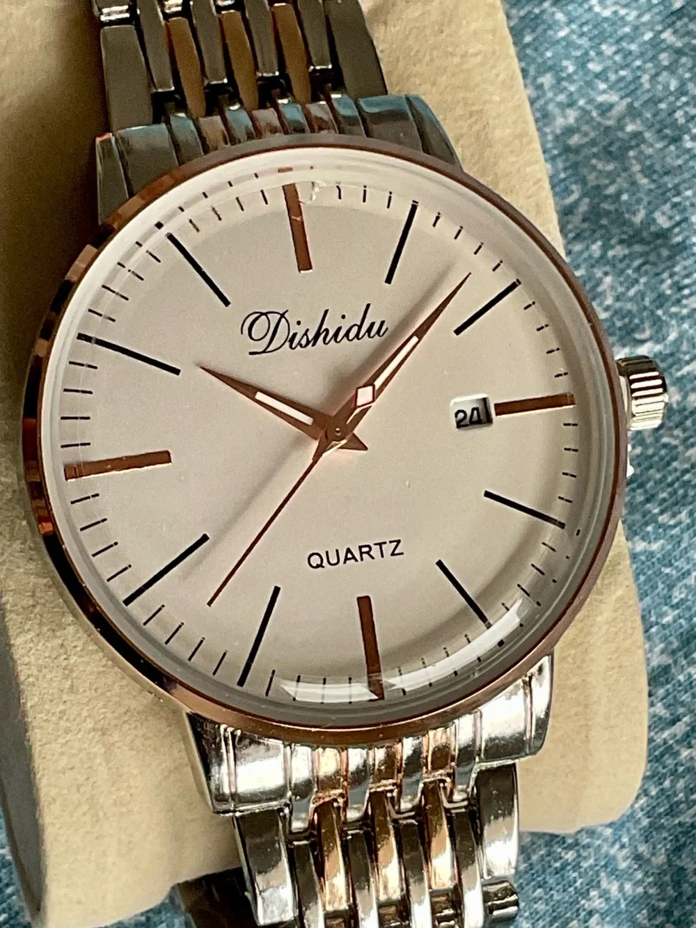 NIB Classic Dishidu Gold And S/S Dress Watch Two Tone Mesh Bracelet w Tool
